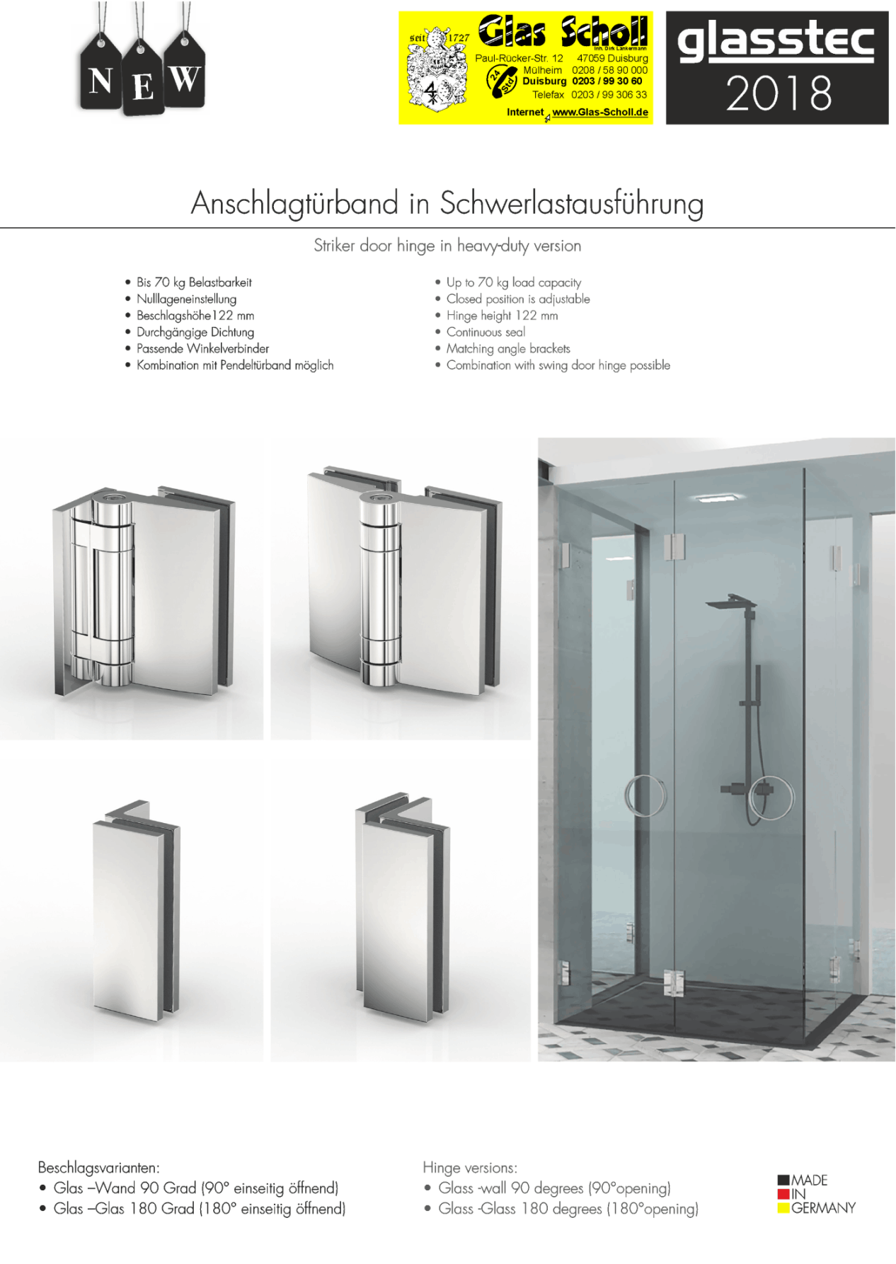 Schwerlast-Duschtürbeschläge von Glas Scholl
